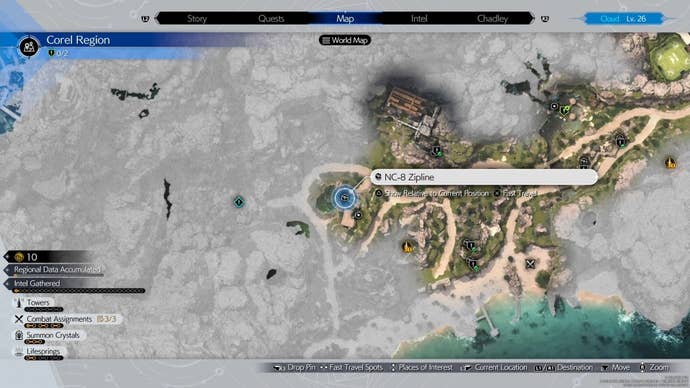 Corel region Map view of a zipline location with refurishment materials in Final Fantasy 7 Rebirth.