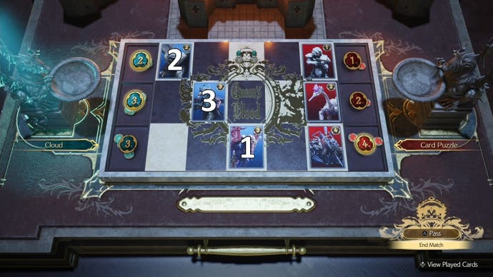 Numbers showing the order of cards to play during the Round 1 Card Carnival challenge in Final Fantasy 7 Rebirth.