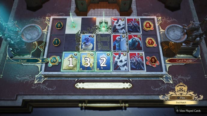 Numbers showing the order of cards to play during the Round 2 Card Carnival challenge in Final Fantasy 7 Rebirth.