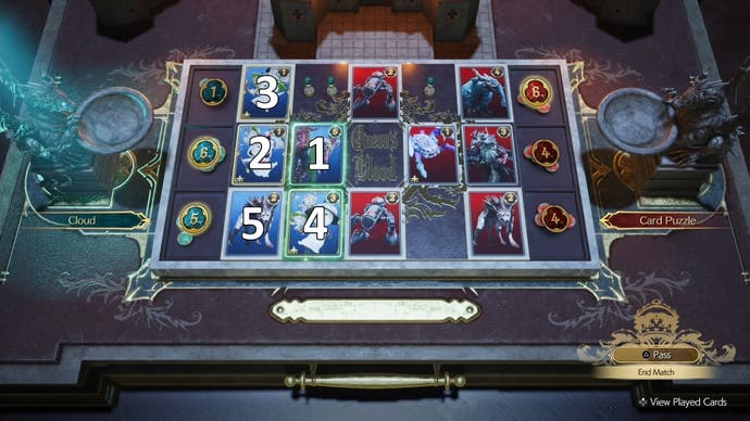 Numbers showing the order of cards to play during the Round 3 Card Carnival challenge in Final Fantasy 7 Rebirth.