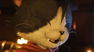 A close-up of Cait Sith with a happy looking on his face in Final Fantasy 7 Rebirth on the PS5.