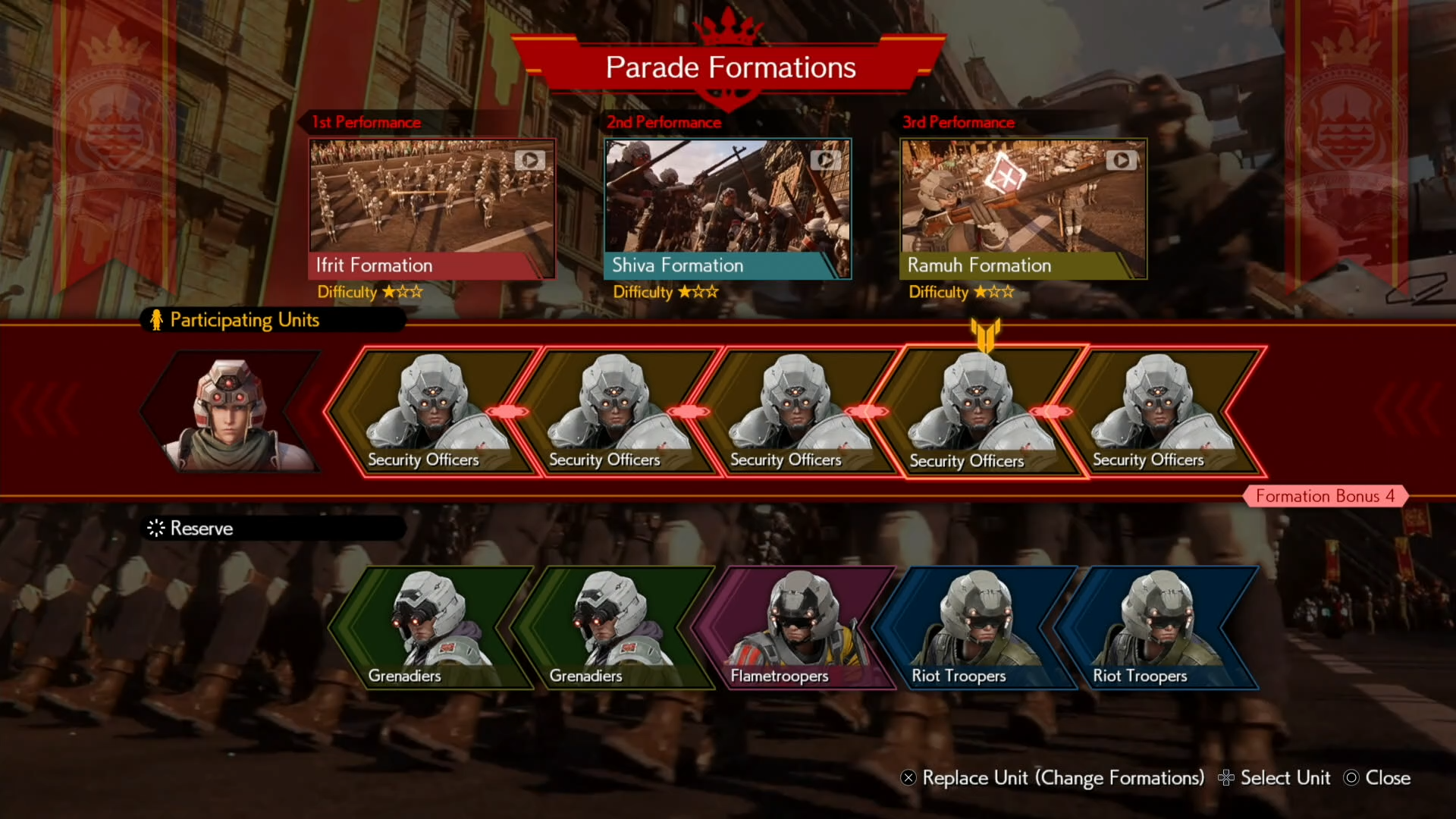 A Junon Parade formation with all one star difficulties in Final Fantasy 7 Rebirth.