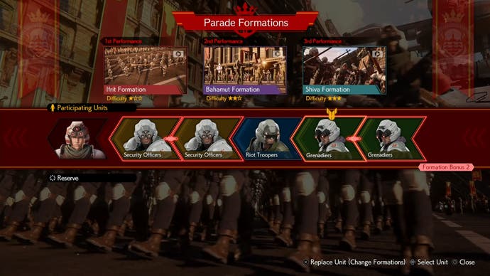 A Junon Parade formation with one, two, and three star difficulties in Final Fantasy 7 Rebirth.