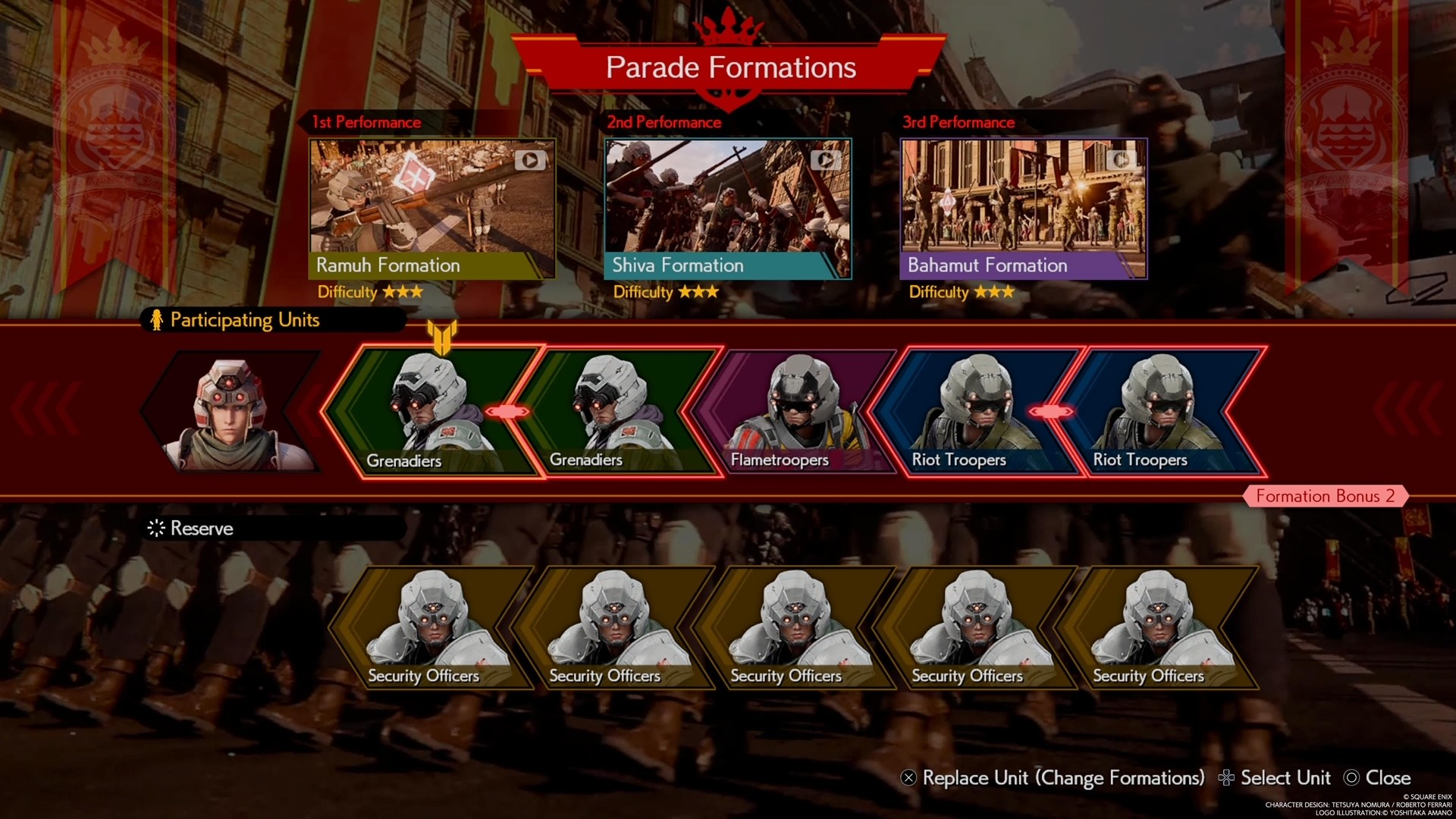 A Junon Parade formation of all three star difficulties in Final Fantasy 7 Rebirth.