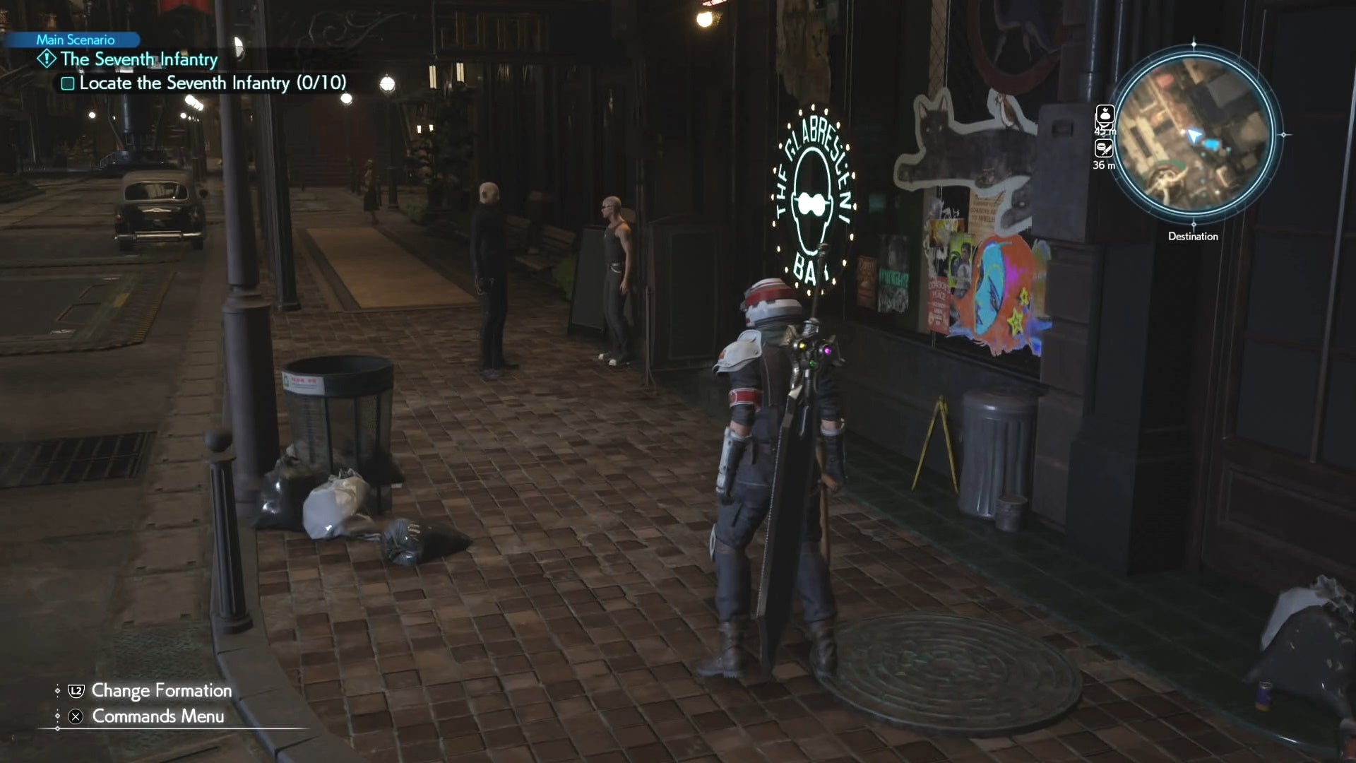 Cloud looking at Shinra Troopers in the shopping Center for Junon Main Street A map image of Junon Main street showing a Seventh Infantry location in Final Fantasy 7 Rebirth.