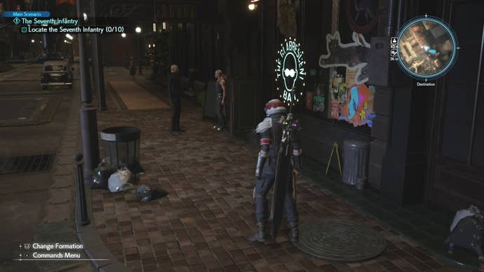 Cloud looking at Shinra Troopers in the shopping Center for Junon Main Street A map image of Junon Main street showing a Seventh Infantry location in Final Fantasy 7 Rebirth.