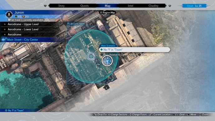 A map image of Junon Main street showing a Seventh Infantry location in Final Fantasy 7 Rebirth.