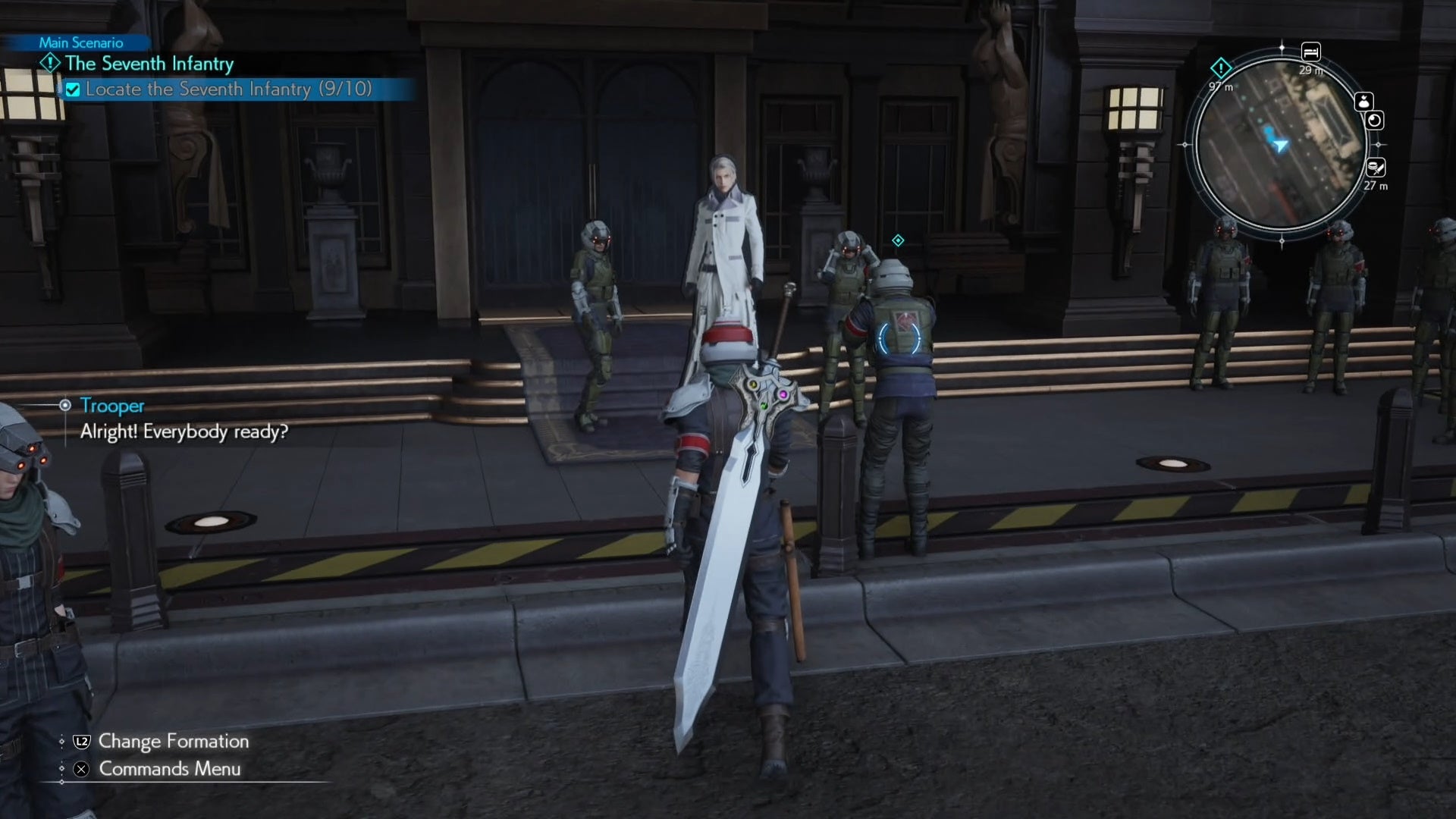 Cloud looking at Shinra troopers posing with a cardboard cutout of Rufus Shinra on Junon Main Street A map image of Junon Main street showing a Seventh Infantry location in Final Fantasy 7 Rebirth.