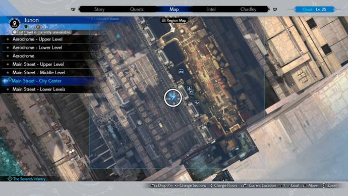 A map image of Junon Main street showing a Seventh Infantry location in Final Fantasy 7 Rebirth.