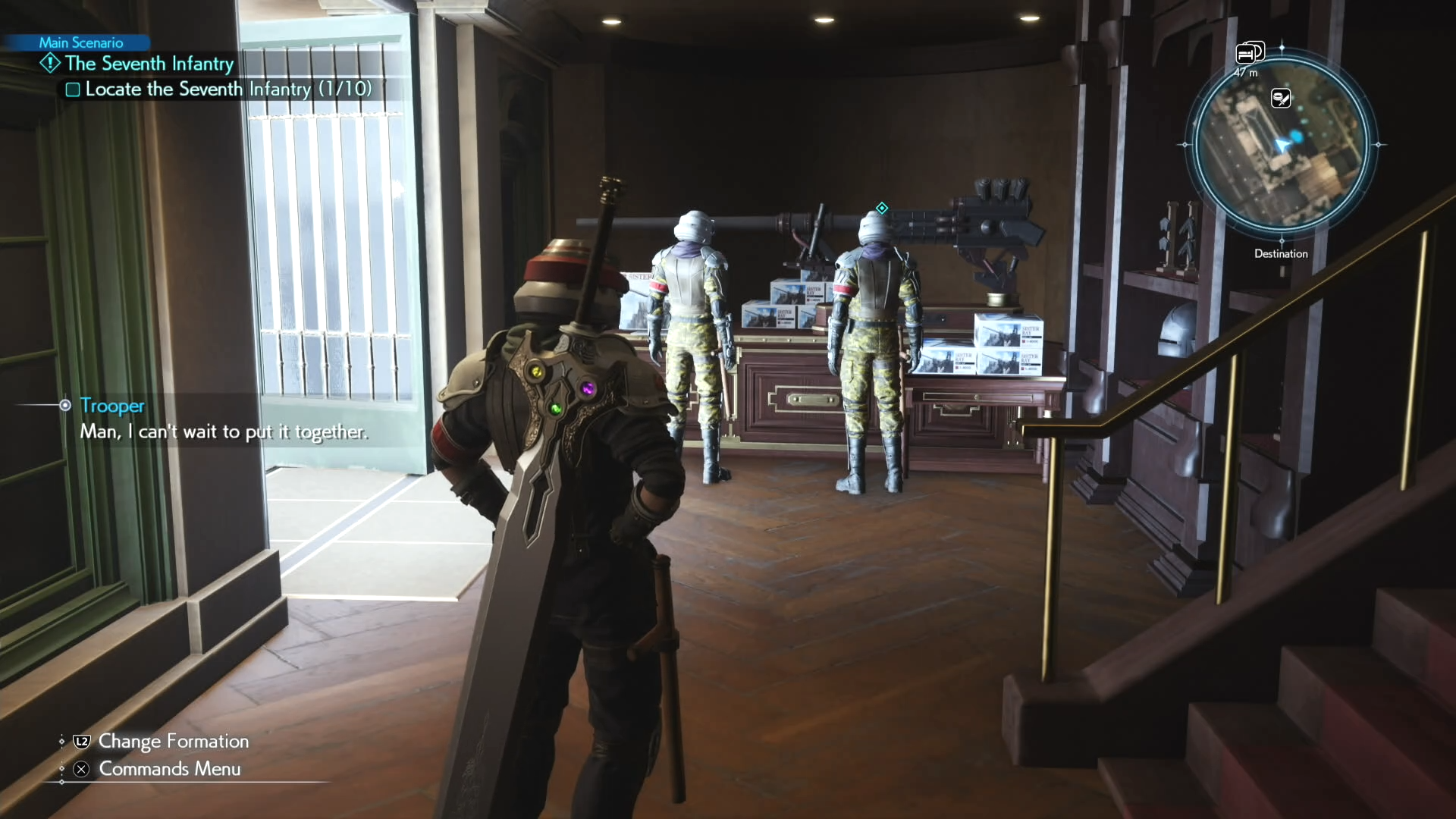 Cloud looking at two Shinra trooperside inside a shop on Junon Main Street A map image of Junon Main street showing a Seventh Infantry location in Final Fantasy 7 Rebirth.