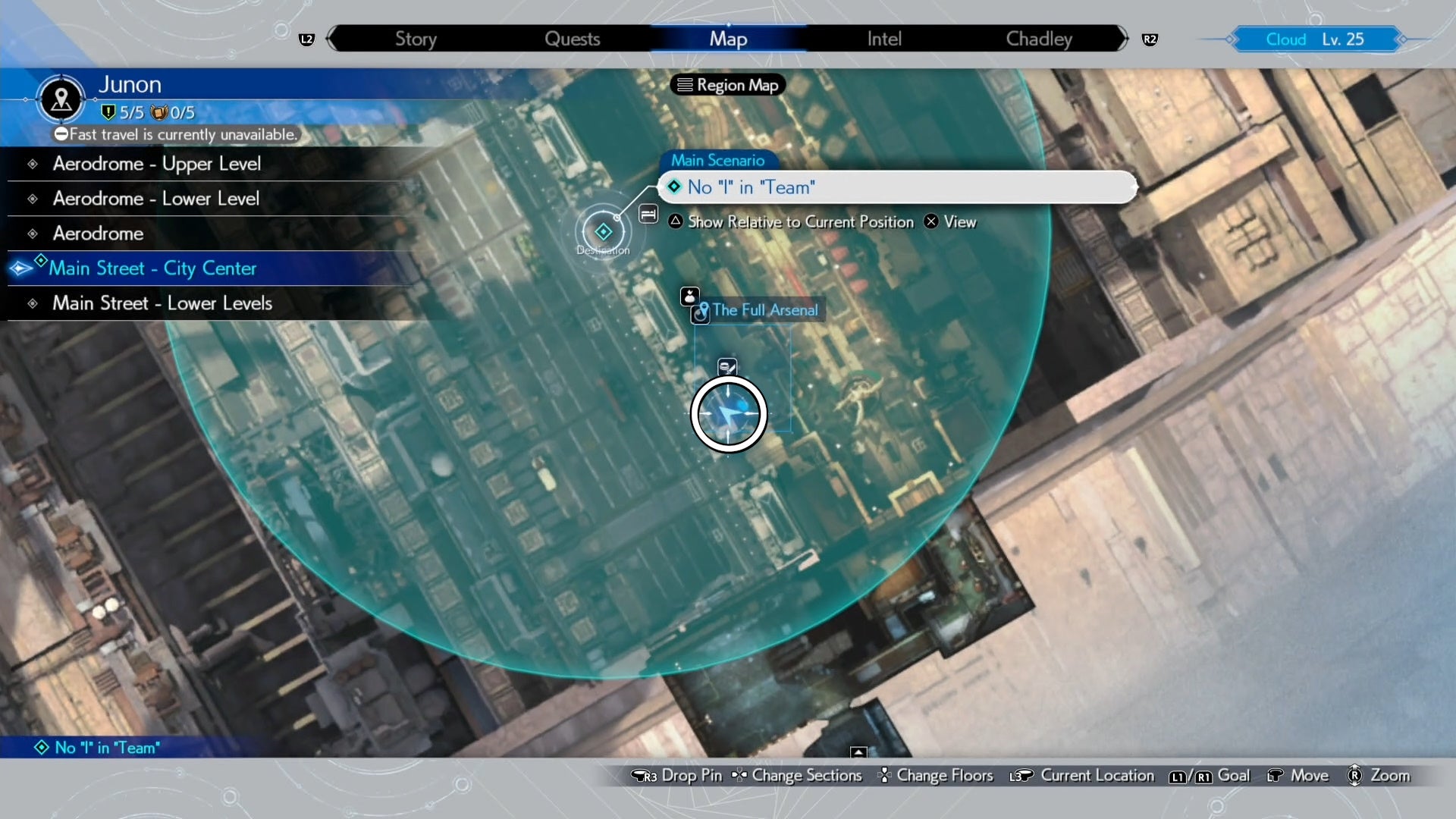 A map image of Junon Main street showing a Seventh Infantry location in Final Fantasy 7 Rebirth.