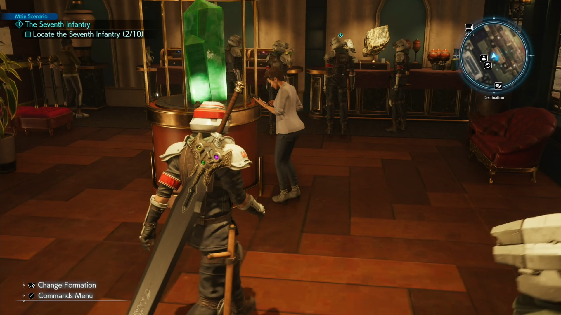 Cloud inside a shop making his way over to Shinra troopers A map image of Junon Main street showing a Seventh Infantry location in Final Fantasy 7 Rebirth.