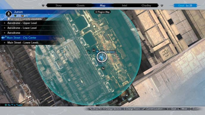 A map image of Junon Main street showing a Seventh Infantry location in Final Fantasy 7 Rebirth.