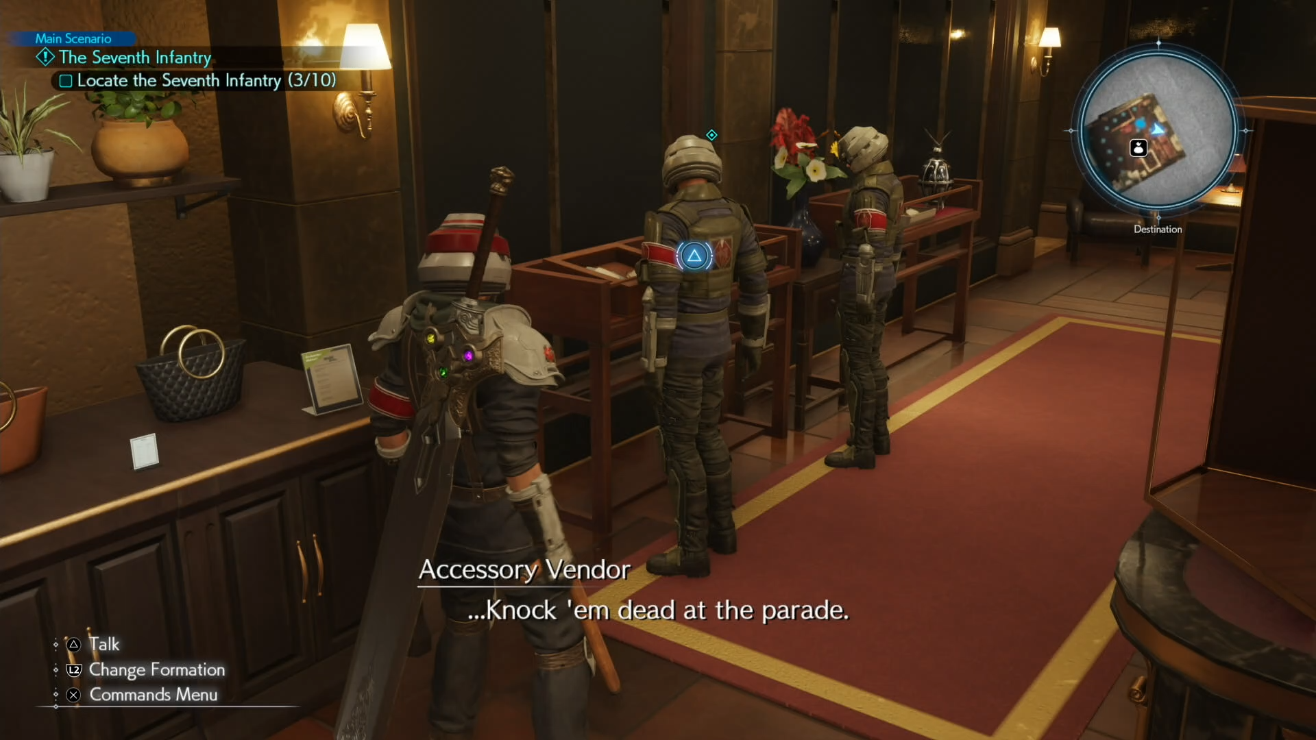 Cloud looking at two Shinra troopers looking at weapon cases in a Junon Main Street shop A map image of Junon Main street showing a Seventh Infantry location in Final Fantasy 7 Rebirth.