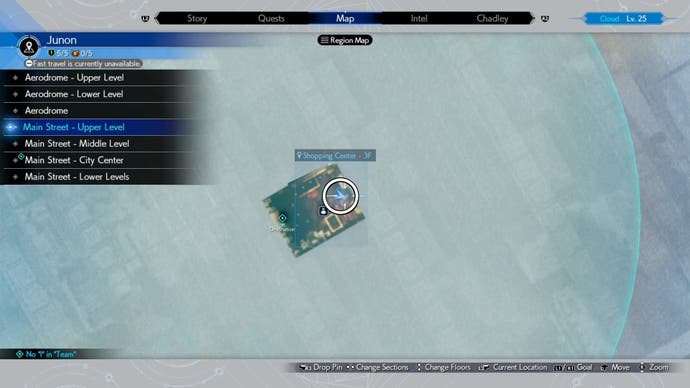 A map image of Junon Main street showing a Seventh Infantry location in Final Fantasy 7 Rebirth.