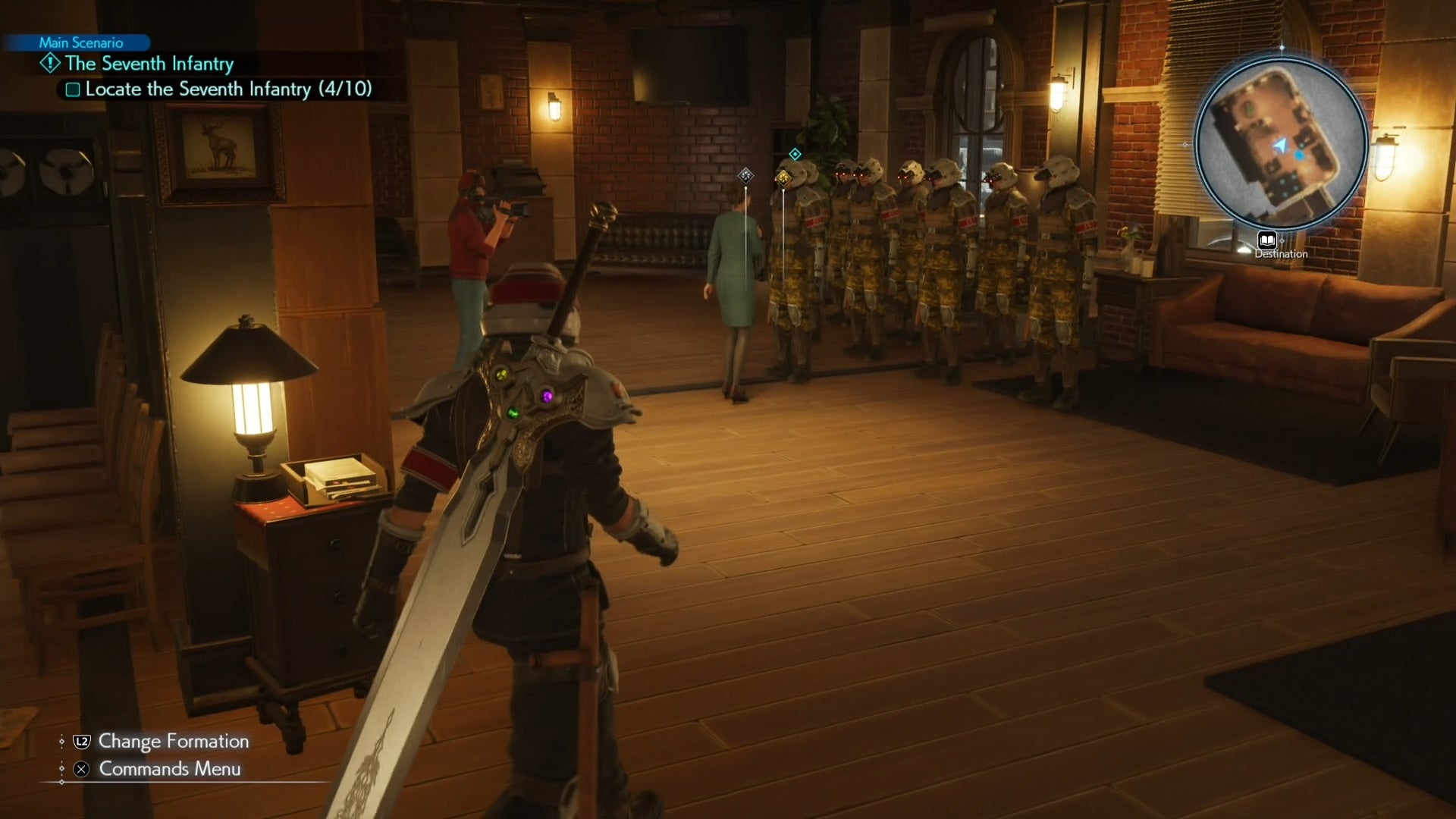 Cloud looking at a group of Shinra troopers being interviewed in the barracks of Junon Main Street A map image of Junon Main street showing a Seventh Infantry location in Final Fantasy 7 Rebirth.