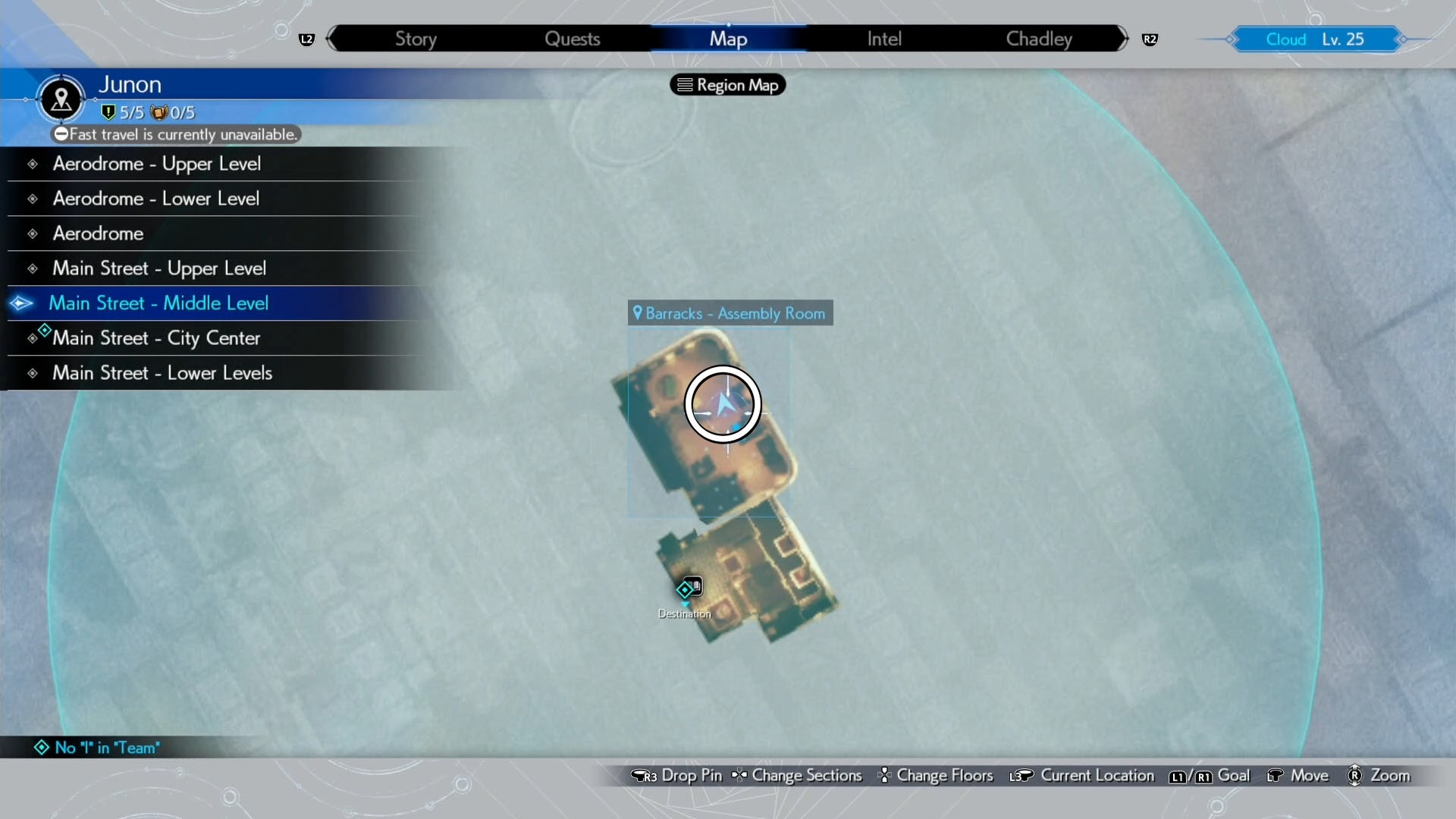 A map image of Junon Main street showing a Seventh Infantry location in Final Fantasy 7 Rebirth.