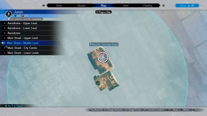 A map image of Junon Main street showing a Seventh Infantry location in Final Fantasy 7 Rebirth.