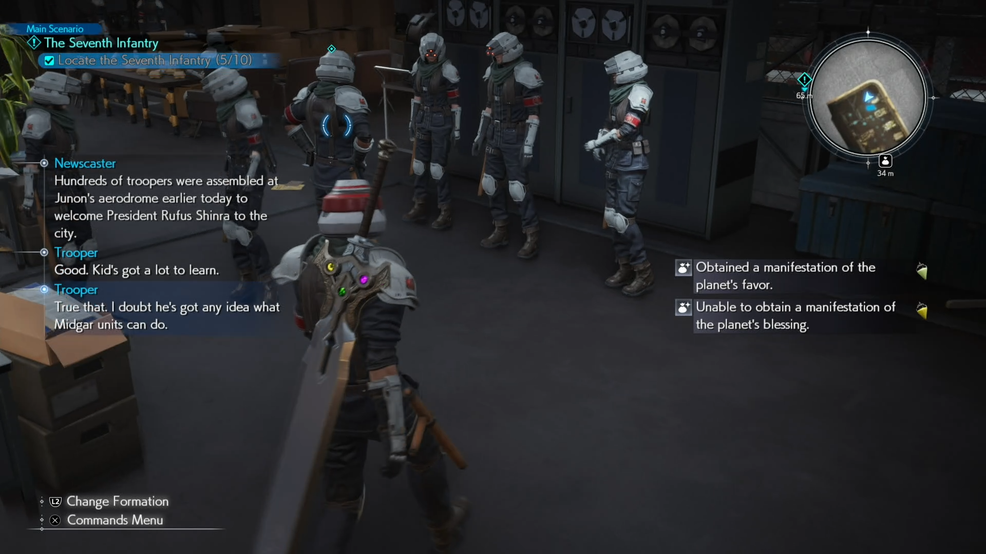 Cloud looking at a group of Shinra troopers in the barracks of Main Street in Junon A map image of Junon Main street showing a Seventh Infantry location in Final Fantasy 7 Rebirth.