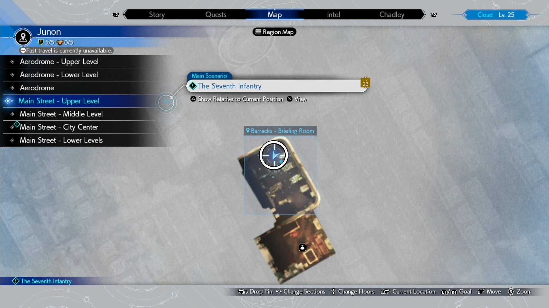 A map image of Junon Main street showing a Seventh Infantry location in Final Fantasy 7 Rebirth.