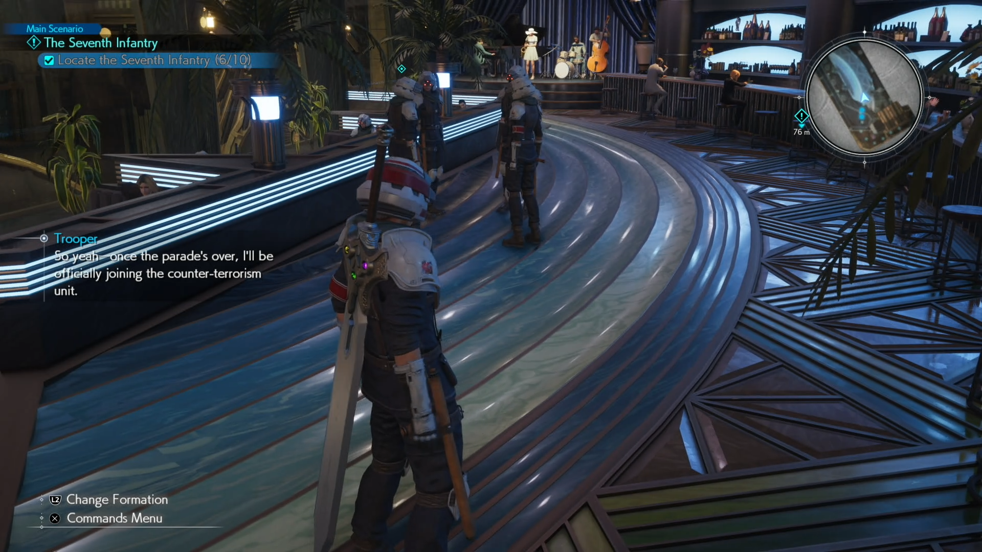 Cloud looking at a group of Shinra troopers in a bar in Junon Main Street A map image of Junon Main street showing a Seventh Infantry location in Final Fantasy 7 Rebirth.