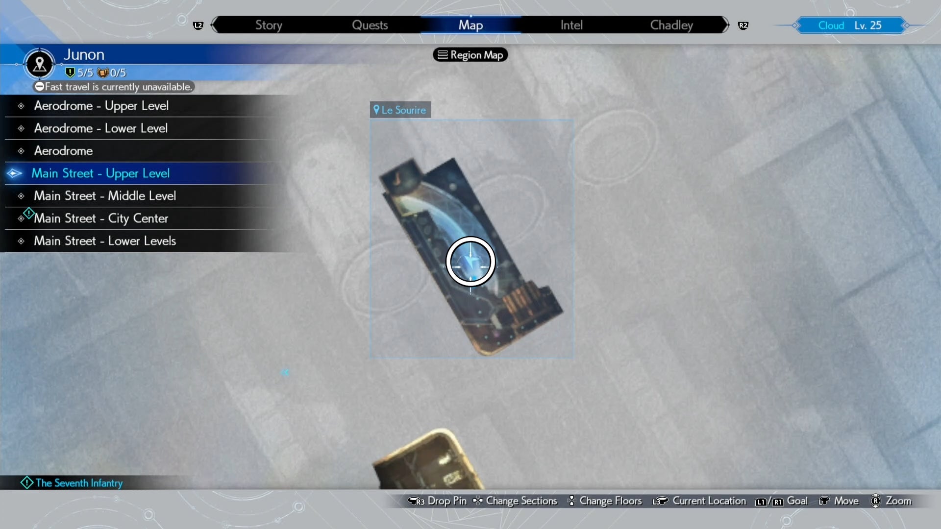 A map image of Junon Main street showing a Seventh Infantry location in Final Fantasy 7 Rebirth.