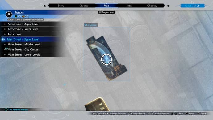 A map image of Junon Main street showing a Seventh Infantry location in Final Fantasy 7 Rebirth.