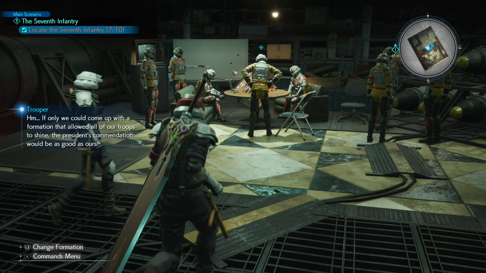 Cloud looking at a group of Shinra troopers in a basement in Junon Main Street A map image of Junon Main street showing a Seventh Infantry location in Final Fantasy 7 Rebirth.