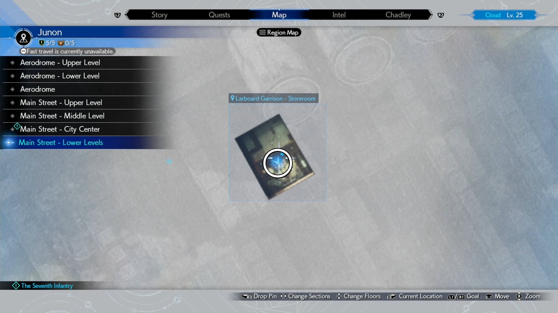 A map image of Junon Main street showing a Seventh Infantry location in Final Fantasy 7 Rebirth.