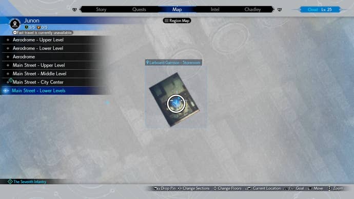 A map image of Junon Main street showing a Seventh Infantry location in Final Fantasy 7 Rebirth.