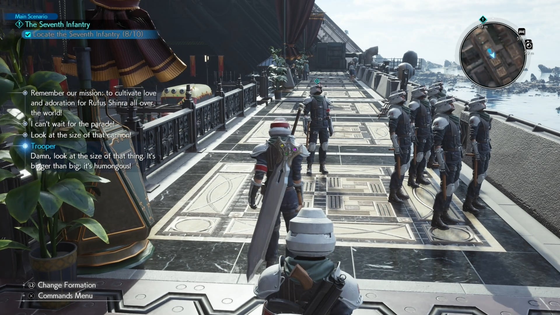 Cloud looking at Shinra troopers staring up by a railing on Junon Main Street A map image of Junon Main street showing a Seventh Infantry location in Final Fantasy 7 Rebirth.