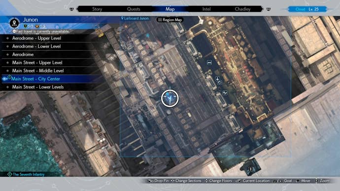 A map image of Junon Main street showing a Seventh Infantry location in Final Fantasy 7 Rebirth.