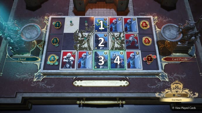 Numbers showing the order of cards to play during the Spears and Needles Card Carnival challenge in Final Fantasy 7 Rebirth.