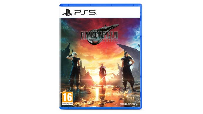 Final Fantasy 7 Rebirth Standard Edition box art featuring Cloud, Sephiroth and Zack Fair standing in water with patches of fire nearby.