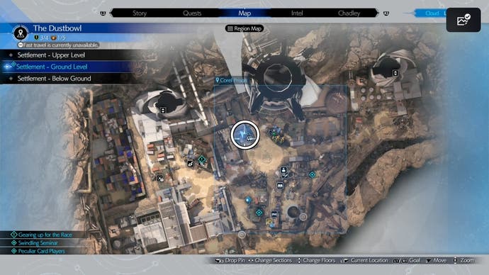 Map of Corel prison with a white circle marking Bail Jumper bar in Final Fantasy 7 Rebirth.