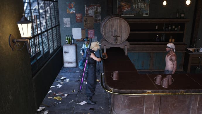 Cloud taking a drink from a tankard inside Bail Jumper bar in Corel prison in Final Fantasy 7 Rebirth.