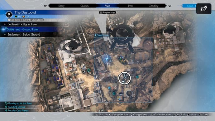 Map of Corel prison with a white circle marking the weapon, books, and general shops in Final Fantasy 7 Rebirth.