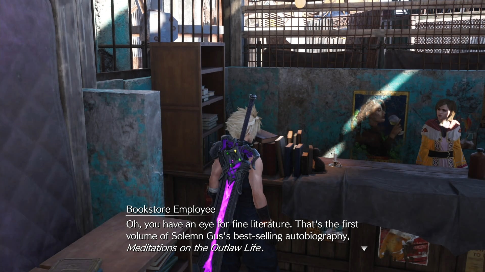 A bookshop vendor talking to Cloud about the books he&rsquo;s standing by in Corel Prison in Final Fantasy 7 Rebirth.