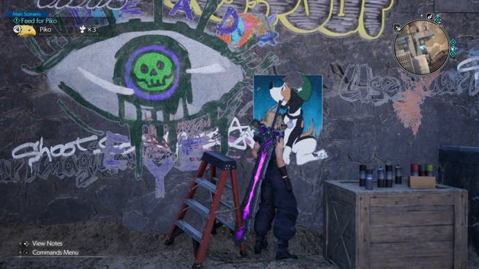 Cloud looking at graffiti of Stamp the dog on Gus' compound in Corel Prison in Final Fantasy 7 Rebirth.