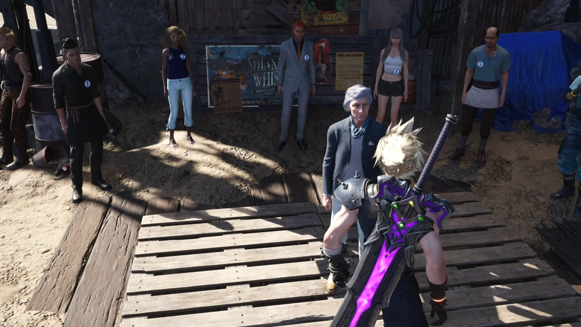 Cloud speaking with Conniving Caglio, with five of his seminar candidate looking on from behing in Corel Prison in Final Fantasy 7 Rebirth.