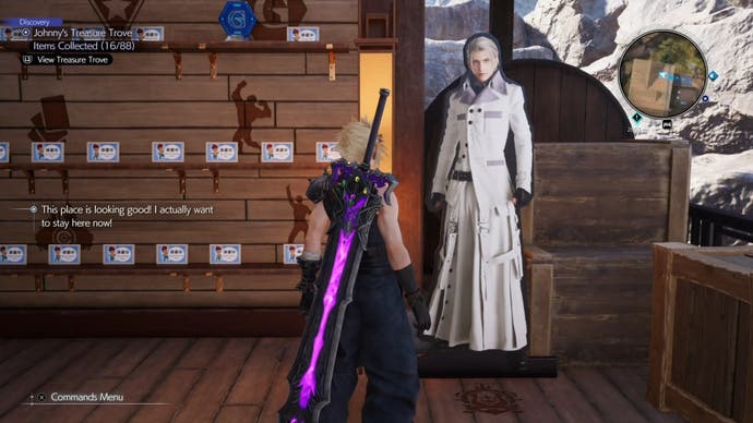 Cloud looking at a life size cutout of Rufus Shinra at Johnny's Seaside Inn in Final Fatasy 7 Rebirth.