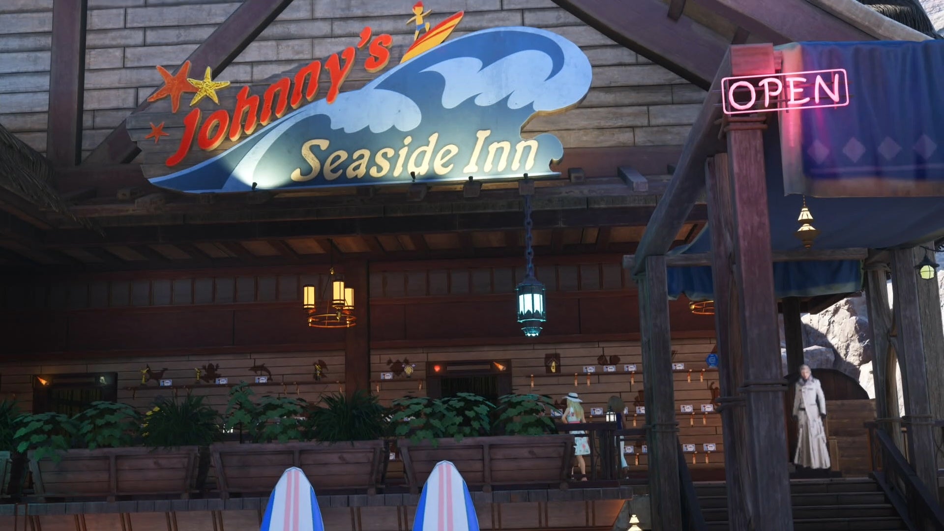 The sign and entrance of Johnny&rsquo;s Seaside Inn in Final Fantasy 7 Rebirth.
