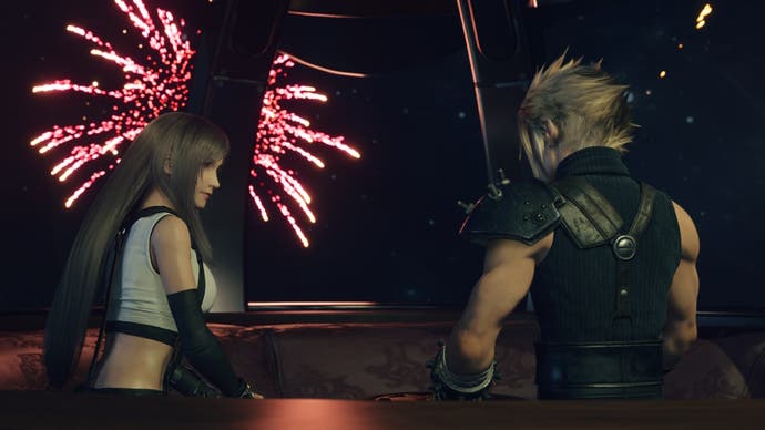 Cloud and Tifa on the Gold Sauver ferrish wheel on a date in Final Fantasy 7 Rebirth.