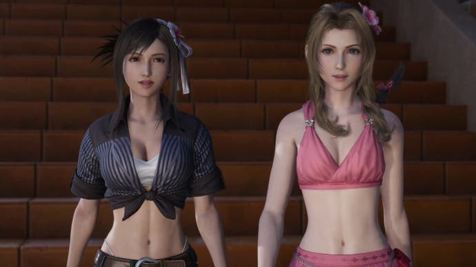 Tifa and Aerith in swimwear at Costa del Sol beach in Final Fantasy 7 Rebirth.