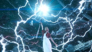 Aerith holding her staff above her head with lightning bolts flowing from it in Final Fantasy 7 Rebirth.