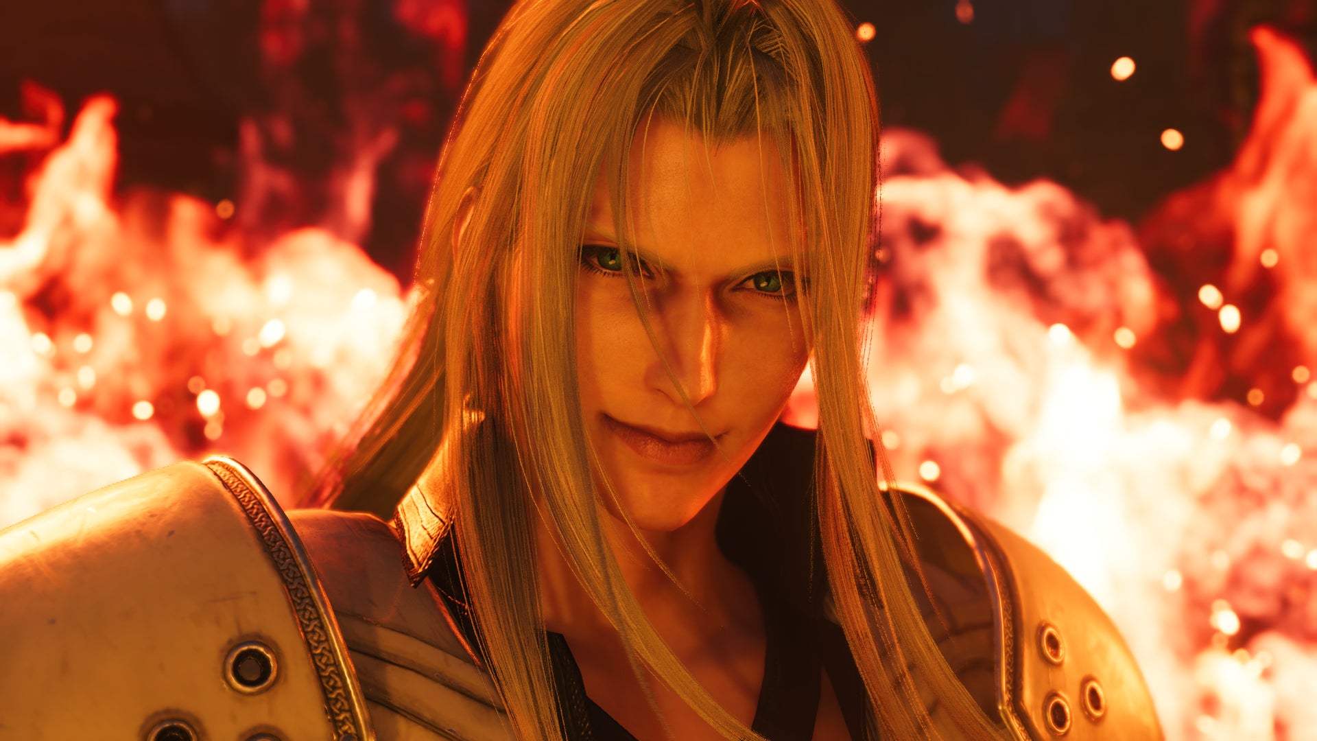 Final Fantasy 7 Rebirth villain Sephiroth looking like a nasty piece of work in front of some flames. - 3