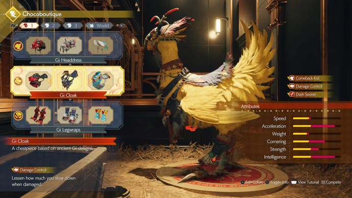 The Gi gear equipped on a Chocobo at the Chocoboutique with stats displayed to the right in Final Fantasy 7 Rebirth.