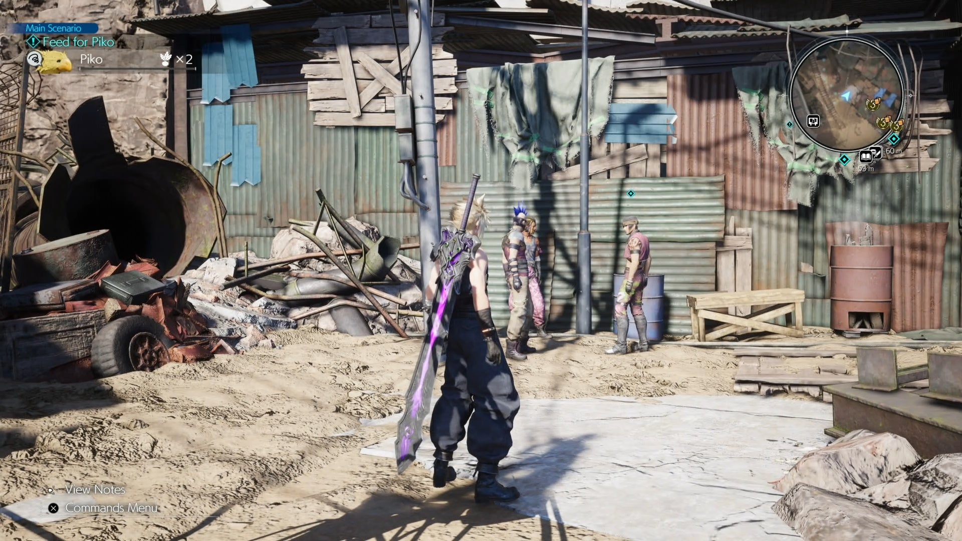 Cloud looking at a trio of thugs at Corel Prison  in Final Fantasy 7 Rebirth.