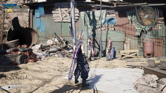 Cloud looking at a trio of thugs at Corel Prison in Final Fantasy 7 Rebirth.