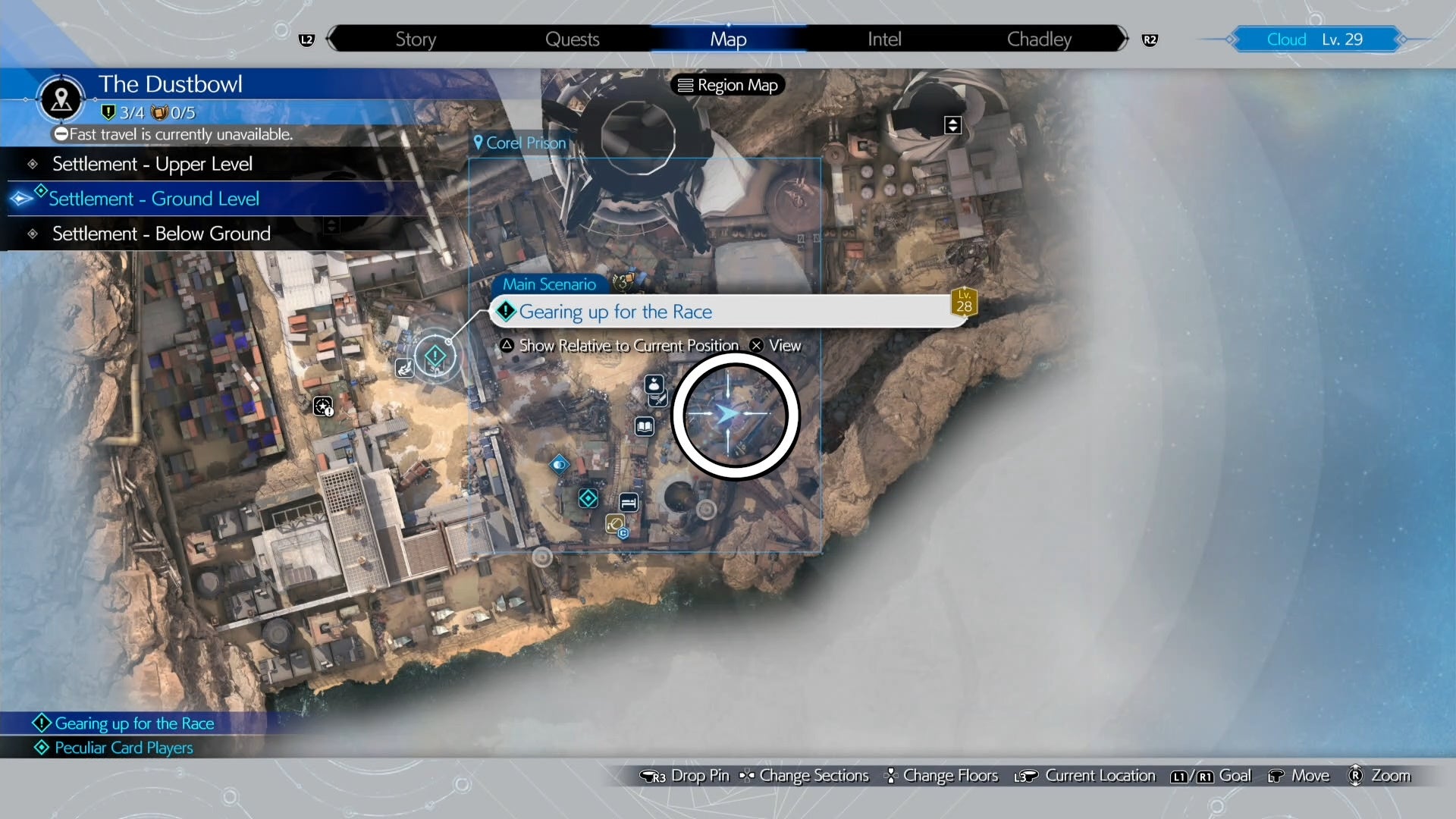 A Dustbowl map view of a feed for Piko location circled  in Final Fantasy 7 Rebirth.
